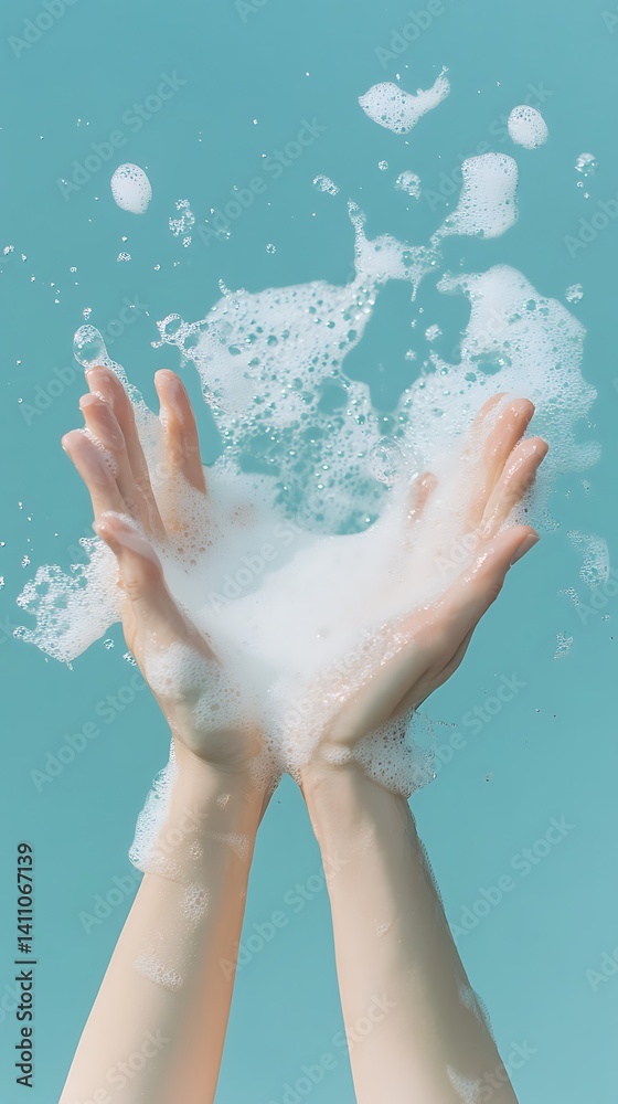 Fototapeta premium Two Hands Catching White Soap Suds Against Light Blue Background Cleanliness Concept