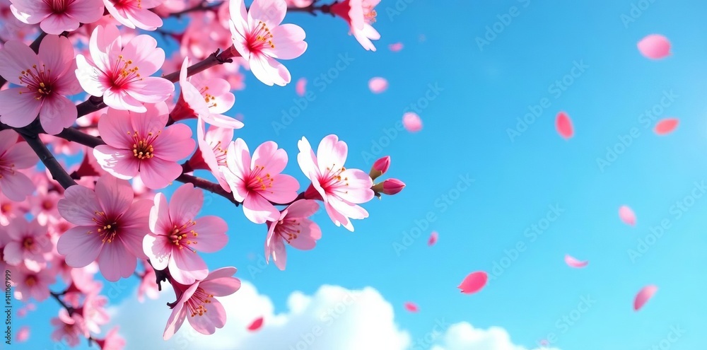 Blue sky with cherry blossom petals scattered in the air, serene, outdoors, background Blue sky with cherry blossom petals scattered in the air, serene, outdoors, background