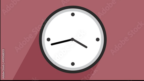 simple animated 4k video of a minimal clock set on a red background, time, hours, minutes, counting time