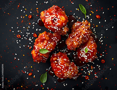 Baeoe? Nelbosh K Von brilliant Chinese food, deep fried chicken with sweet and sour sauce on top sprinkled with white sesame seeds ,chili pepper and green leaf. Black background. Top view.