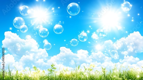 Serene Meadowscape with Bubbles, Sparkling Sunbeams and Fluffy Clouds