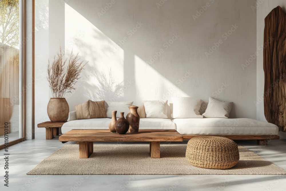 Fototapeta premium A serene and modern living room featuring a minimalist design with natural light streaming in. showcasing a cozy seating area and a view of a tranquil outdoor space