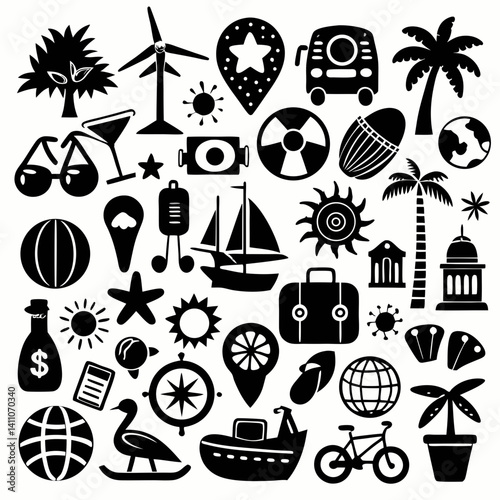 Minimalist Summer Beach Icon Set Different Colorful And Silhouette Style On A White Background