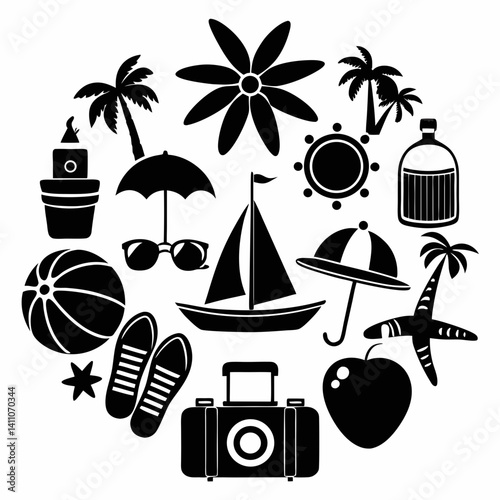 Minimalist Summer Beach Icon Set Different Colorful And Silhouette Style On A White Background