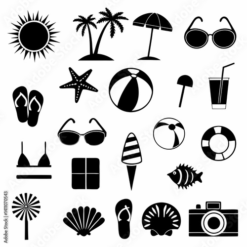 Minimalist Summer Beach Icon Set Different Colorful And Silhouette Style On A White Background