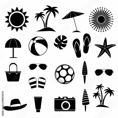 Minimalist Summer Beach Icon Set Different Colorful And Silhouette Style On A White Background