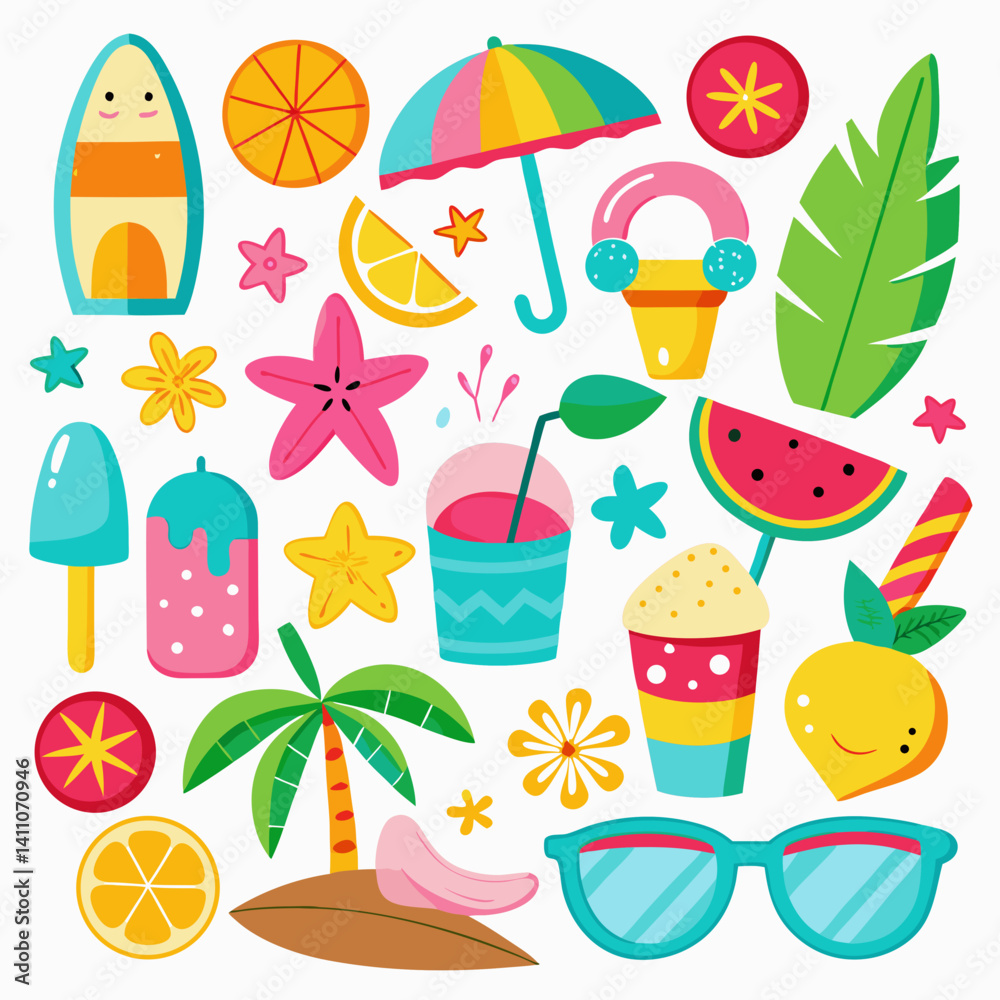 Fototapeta premium Minimalist Summer Beach Icon Set Different Colorful And Silhouette Style On A White Background