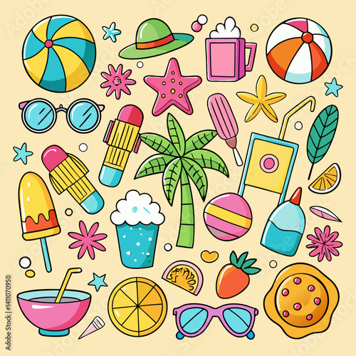 Minimalist Summer Beach Icon Set Different Colorful And Silhouette Style On A White Background