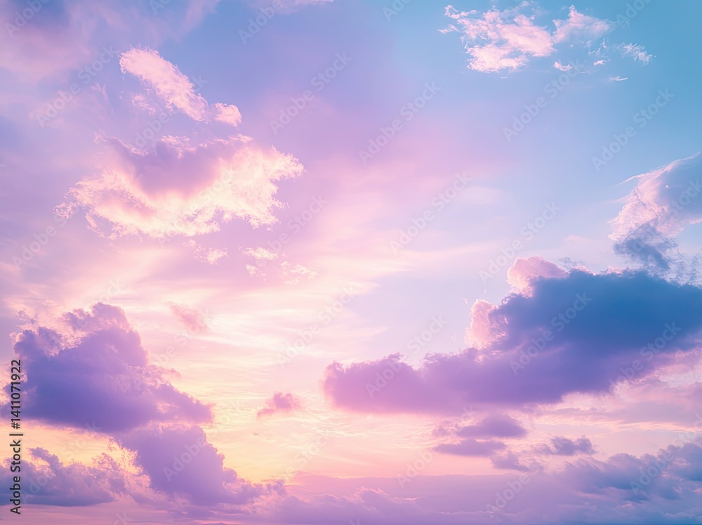 Obraz premium A serene sunset sky filled with soft pastel colors of pink. purple. and blue. showcasing fluffy clouds against a tranquil backdrop. perfect for relaxation or inspiration