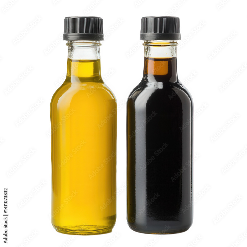 Pair of bottles containing olive oil and balsamic vinegar on a kitchen countertop during daylight hours, showcasing culinary essentials for a variety of dishes Pair of bottles containing olive oil and balsamic vinegar on a kitchen countertop during daylight hours, showcasing culinary essentials for a variety of dishes