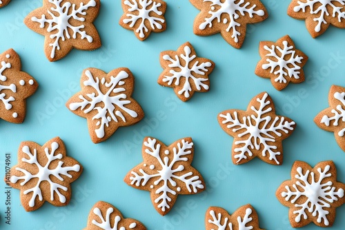 A delightful arrangement of intricately decorated snowflake-shaped cookies on a vibrant blue background. perfect for holiday festivities and seasonal celebrations