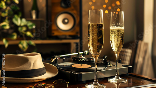Champagne glasses, a hat, and a vintage record player on a table with a brown background.