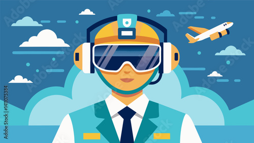 The air taxi pilot wears augmented reality headgear allowing them to have a 360degree view of their surroundings and safely navigate through the air traffic.. Vector illustration