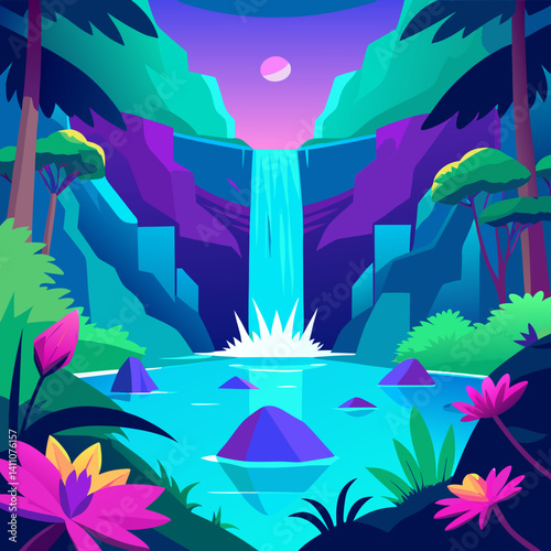 Vibrant colorful waterfall scene vector illustration background for print and digital use
