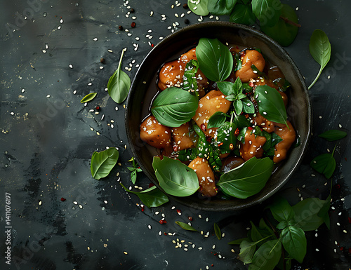 chicken in sweet and sour sauce with fresh green leaves on top, sprinkled avec of white sesame seeds , 