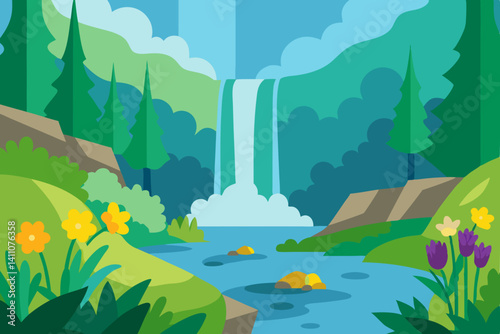 Vibrant colorful waterfall scene vector illustration background for print and digital use