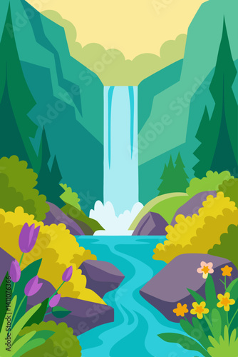 Vibrant colorful waterfall scene vector illustration background for print and digital use