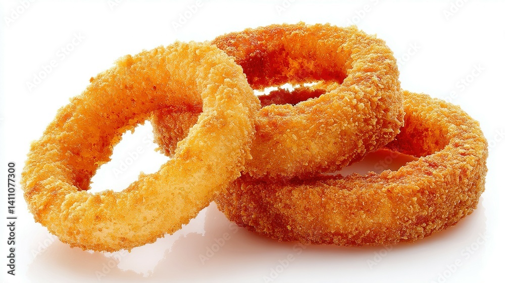 Crispy onion rings, golden and stacked high. Crispy onion rings, golden and stacked high.