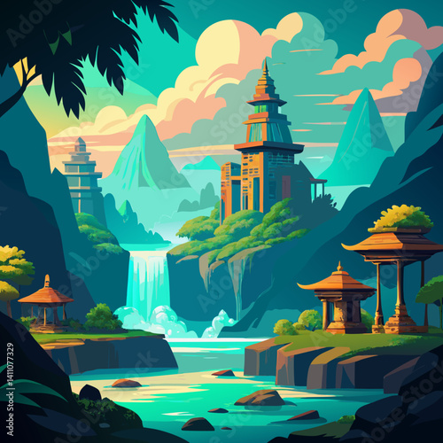 Vibrant colorful waterfall scene vector illustration background for print and digital use