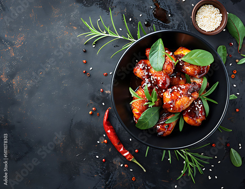 chicken in sweet and sour sauce with fresh green leaves on top, sprinkled avec of white sesame seeds , peppered chili on dark background, top view, commercial photography, 