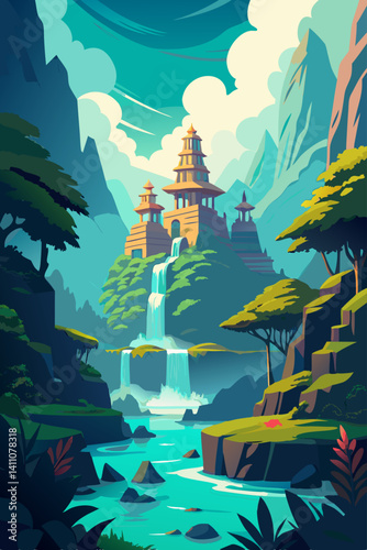 Vibrant colorful waterfall scene vector illustration background for print and digital use