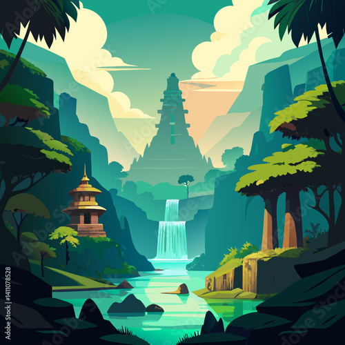 Vibrant colorful waterfall scene vector illustration background for print and digital use
