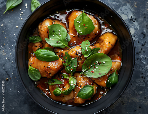chicken in sweet and sour sauce with fresh green leaves on top, sprinkled avec of white sesame seeds , peppered chili on dark background, top view, commercial photography, 