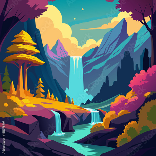 Vibrant colorful waterfall scene vector illustration background for print and digital use