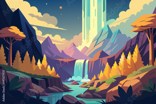 Vibrant colorful waterfall scene vector illustration background for print and digital use