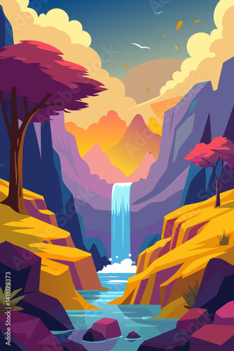 Vibrant colorful waterfall scene vector illustration background for print and digital use