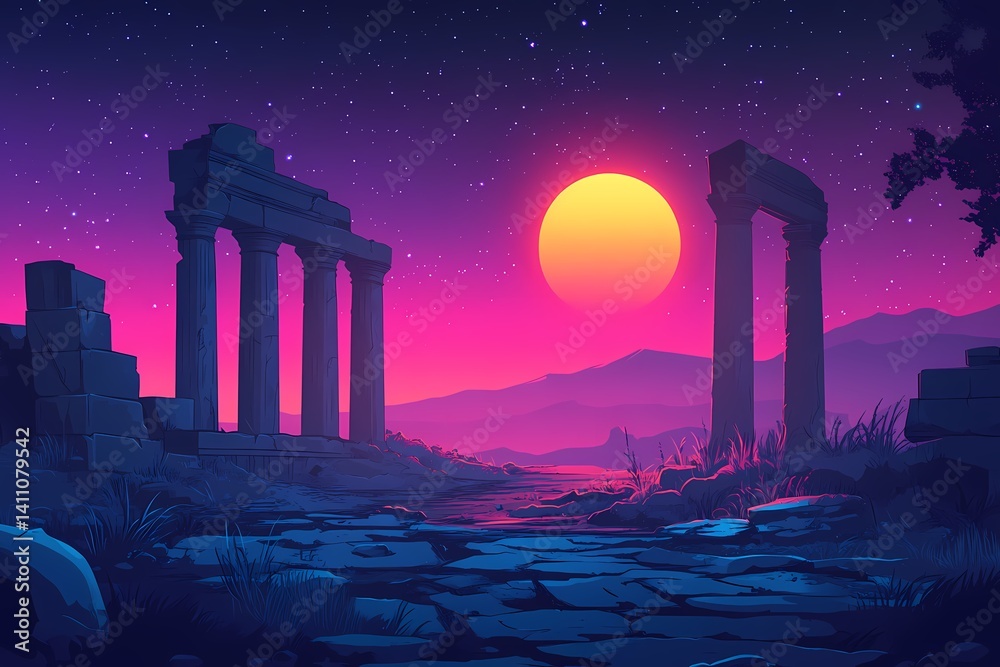Naklejka premium Twilight Fantasy Landscape Art. Serene Silhouette of Ancient Ruins Under a Colorful Night Sky with Vibrant Sunset Hues and Majestic Mountains