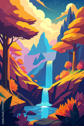 Vibrant colorful waterfall scene vector illustration background for print and digital use