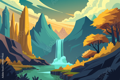 Vibrant colorful waterfall scene vector illustration background for print and digital use