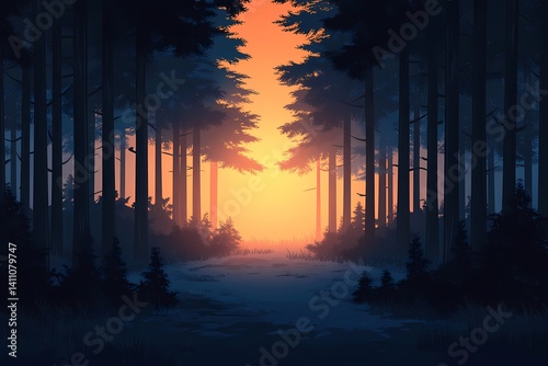 Magical Forest Sunset Silhouette. Tranquil Pathway Through Vibrant Woodland Artistry