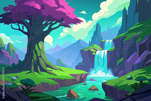 Vibrant colorful waterfall scene vector illustration background for print and digital use