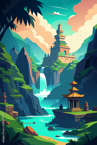 Vibrant colorful waterfall scene vector illustration background for print and digital use