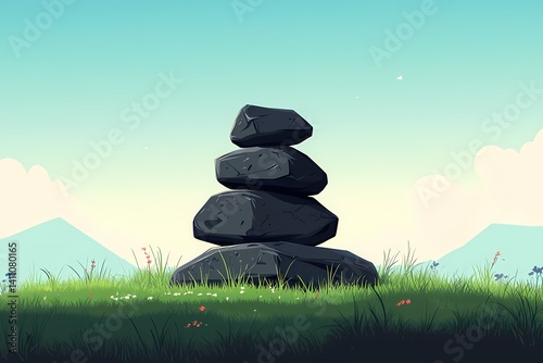 Serene Stone Stack in Natural Landscape. A Digital Illustration of Zen, Mindfulness, and Harmony
