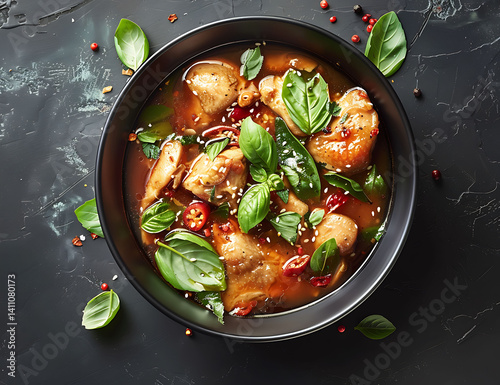 chicken in sweet and sour sauce with fresh green leaves on top, sprinkled avec of white sesame seeds , 