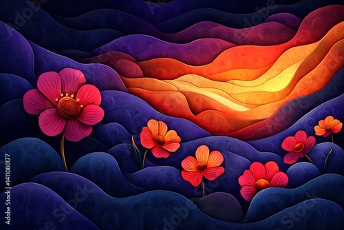 Vibrant Abstract Floral Landscape. Artistic Illustration of Dreamy Sunset in Lush Colors