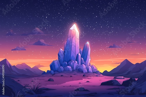 Magical Nighttime Gemstone Landscape. Vibrant Crystal Desert with Enchanting Sky and Dreamy Mountain Scenery