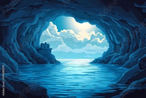 Mysterious Cave and Ocean Horizon. Tranquil Coastal Landscape with Water Reflections and Mystical Light