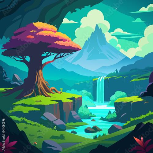 Vibrant colorful waterfall scene vector illustration background for print and digital use