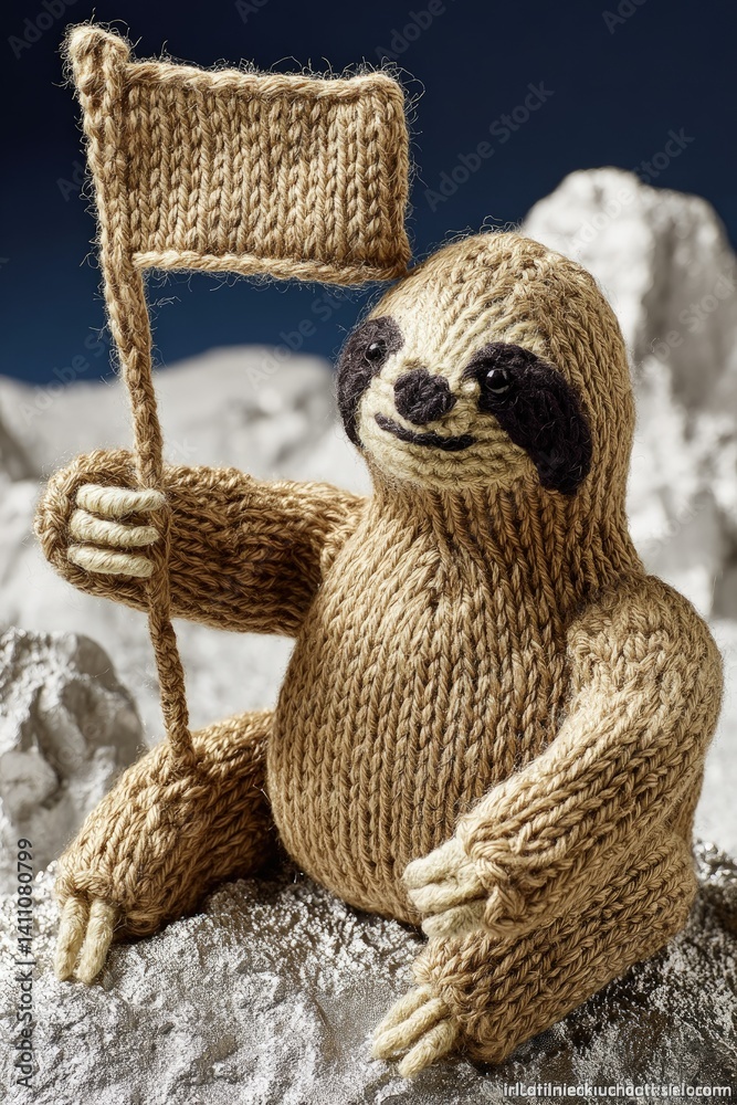 Fototapeta premium Knit Sloth Holding a Flag on a Mountaintop