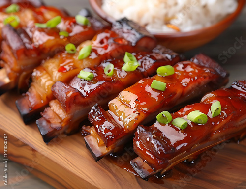 Chinese-style meat ribs, perfectly grilled and wrapped in a red sauce with green onion slices on top. 