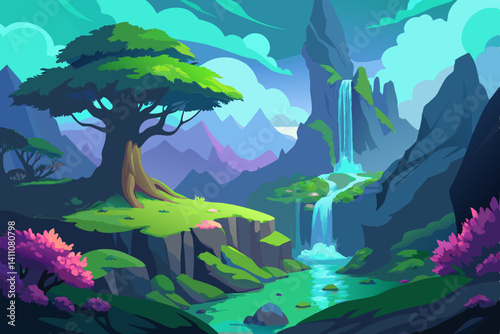 Vibrant colorful waterfall scene vector illustration background for print and digital use