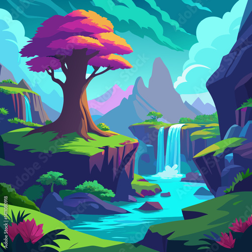 Vibrant colorful waterfall scene vector illustration background for print and digital use