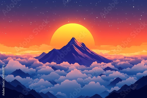 Majestic Mountain Sunset. Vibrant Digital Art Landscape Featuring Serene Nature Scenery and Twilight Colors