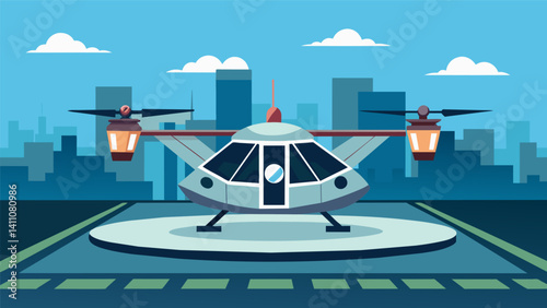 With a hum and a slight dip the eVTOL landed on the rooftop helipad ready to transport its passengers to their next stop.. Vector illustration