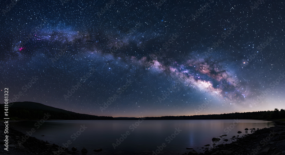 Fototapeta premium Milky Way Galaxy Over a Calm Lake at Night with Starry Sky