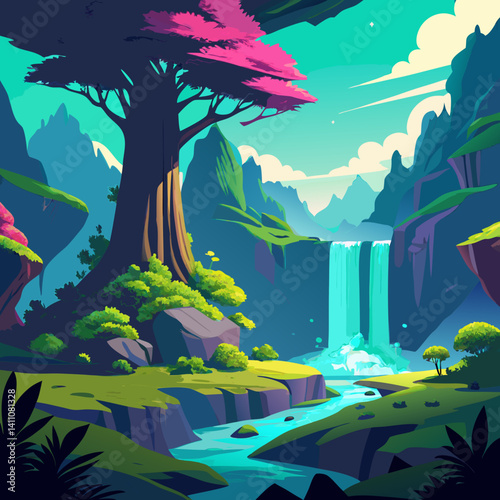 Vibrant colorful waterfall scene vector illustration background for print and digital use